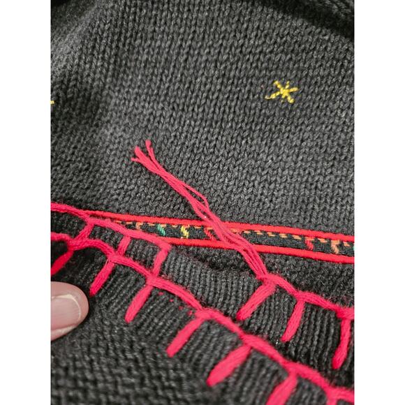 Vintage Holiday Editions Black Christmas Sweater Embroidered Holiday Sz L Santa - Picture 9 of 9